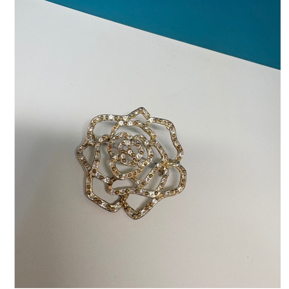 Gold Tone Openwork Rose Brooch Clear Rhinestone Floral Pin